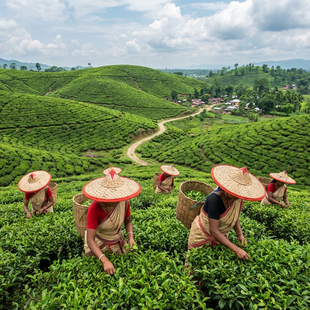Tea garden workers harvesting tea leaves